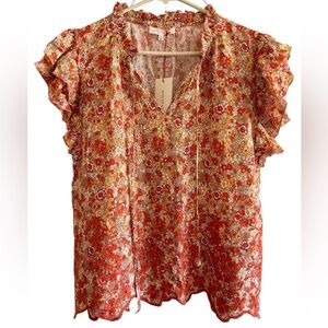 Solitaire NWOT Blouse Vibrant Orange Floral Emroidered Peasant Tie Ruffles Large